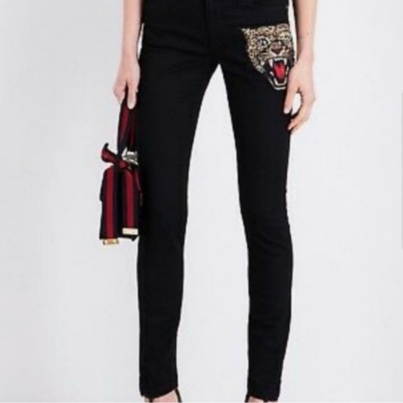 Gucci Skinny Pants Demin Black Jeans Angry Tiger embroidered size 28 (6) Italy